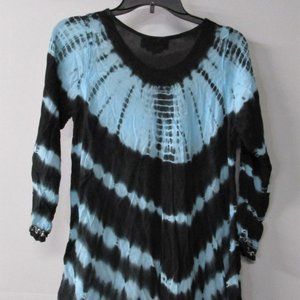 3/4 Sleeve Navy Blue Turquoise Tie Dye Tunic with White Embroidery Details 2X